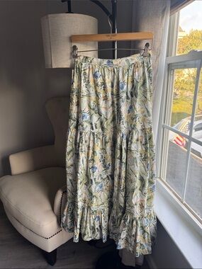 Tiered Floral Maxi Skirt - Cream with Green & Blue Print
